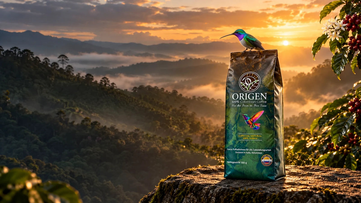 ORIGEN Especial Natural con un colibrí posado sobre la bolsa de café